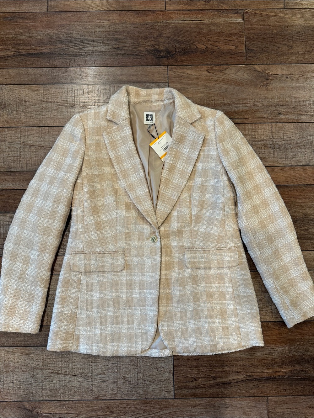 Anne Klein Beige Plaid Tweed Single-Button Blazer